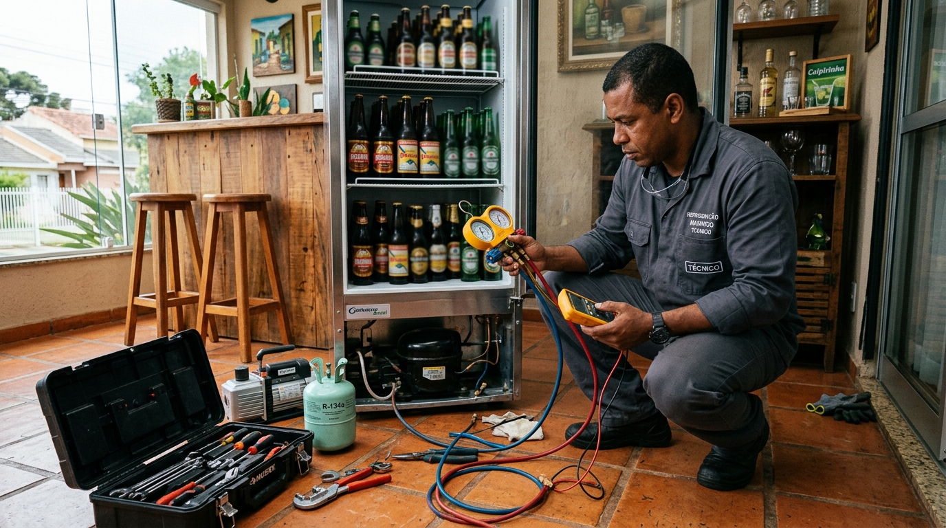 Técnico revisando o motor de uma cervejeira durante chamado em Cascavel‑PR