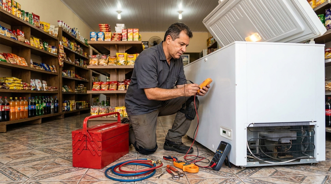 Manômetro conectado ao circuito durante recarga de gás de freezer em Cascavel‑PR