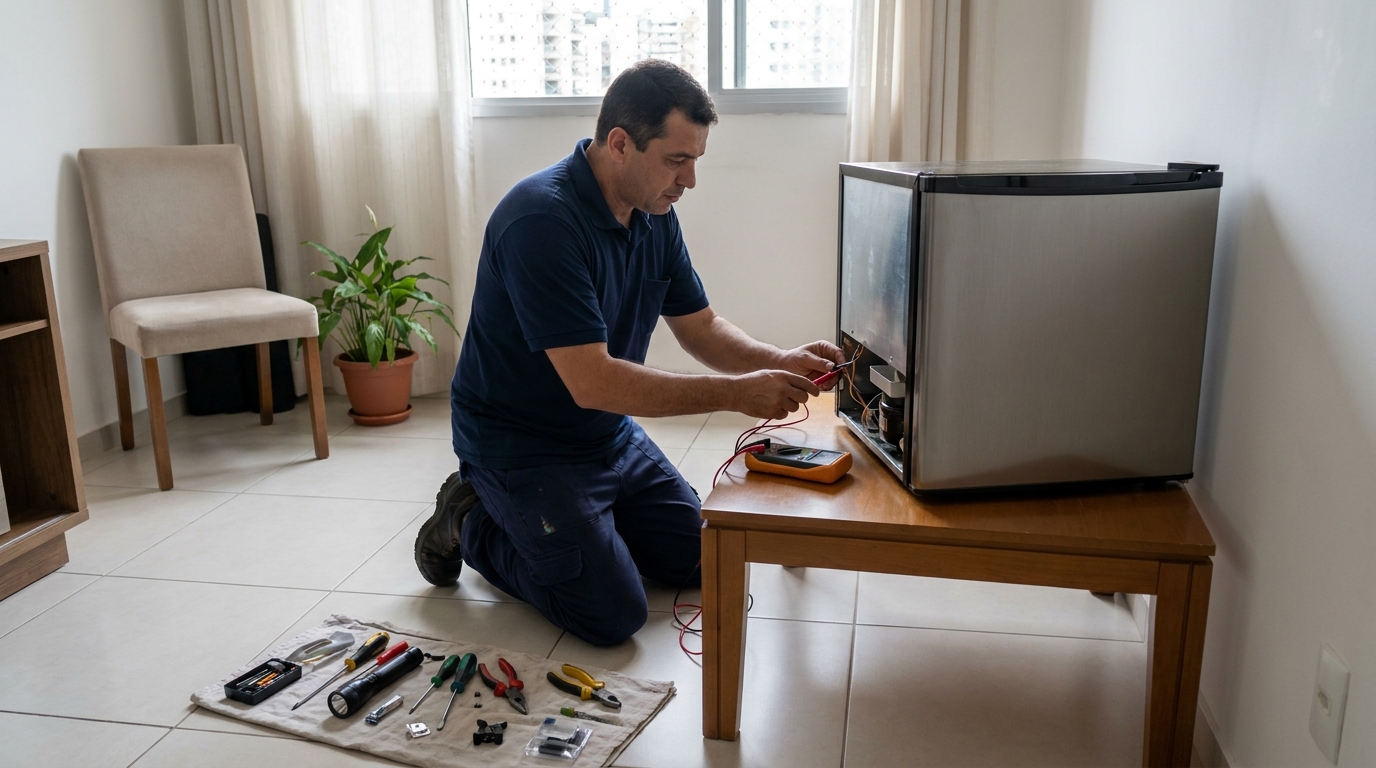 Técnico avaliando um frigobar compacto durante atendimento em Cascavel‑PR